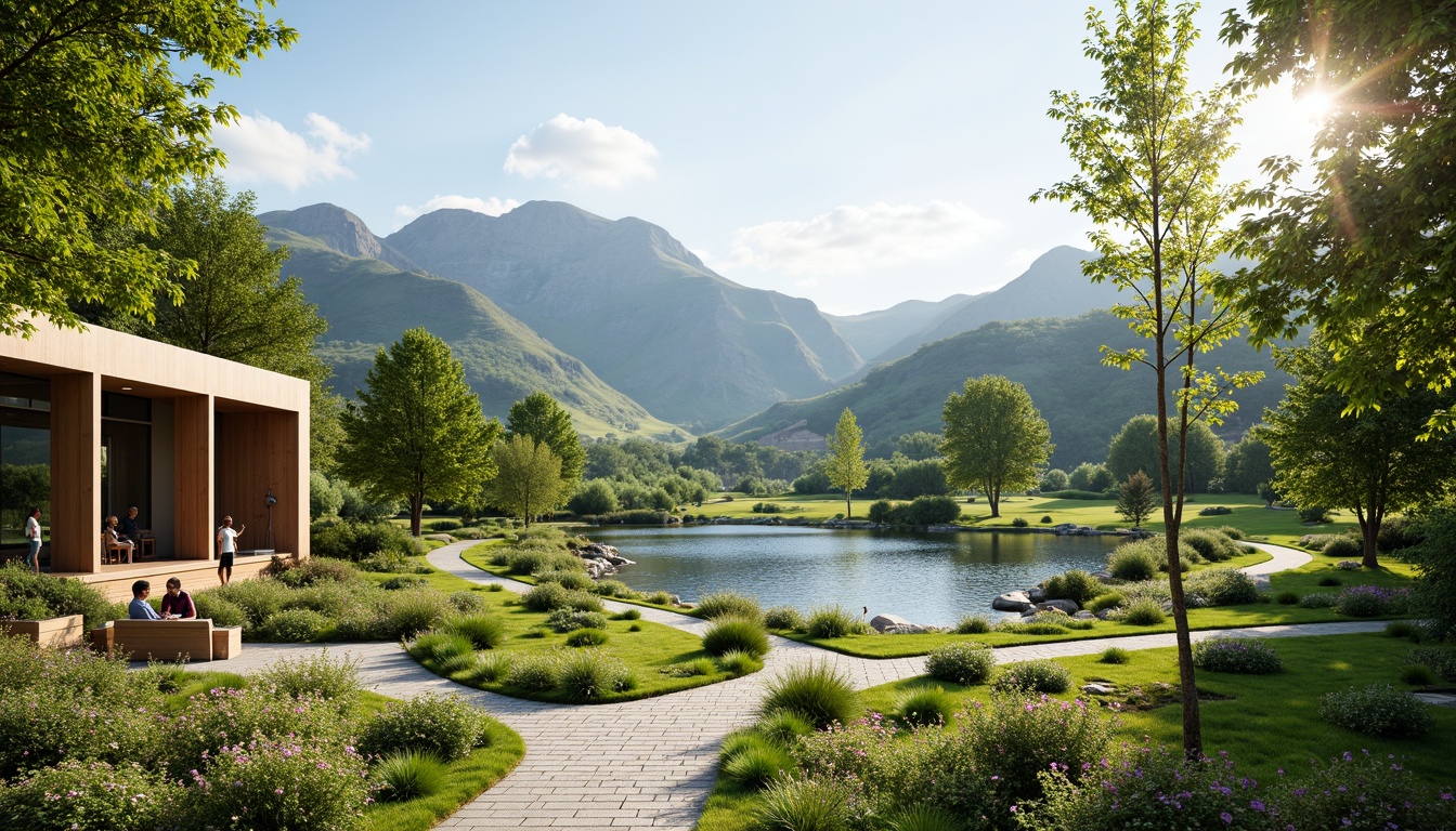 Prompt: Harmonious landscape integration, rolling hills, lush greenery, serene lakeside, walking trails, wooden benches, natural stone pathways, modern architecture, large windows, glass doors, blooming flowers, sunny day, soft warm lighting, shallow depth of field, 3/4 composition, panoramic view, realistic textures, ambient occlusion.