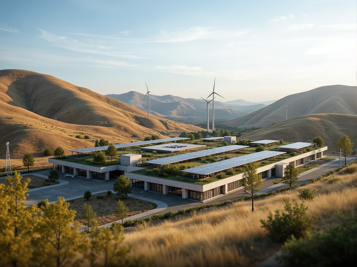 Prompt: Renewable energy facility, vast open space, rolling hills, wind turbines, solar panels, green roofs, eco-friendly materials, recycled metal structures, low-carbon concrete foundations, natural ventilation systems, abundant daylight, soft warm lighting, shallow depth of field, 3/4 composition, panoramic view, realistic textures, ambient occlusion.