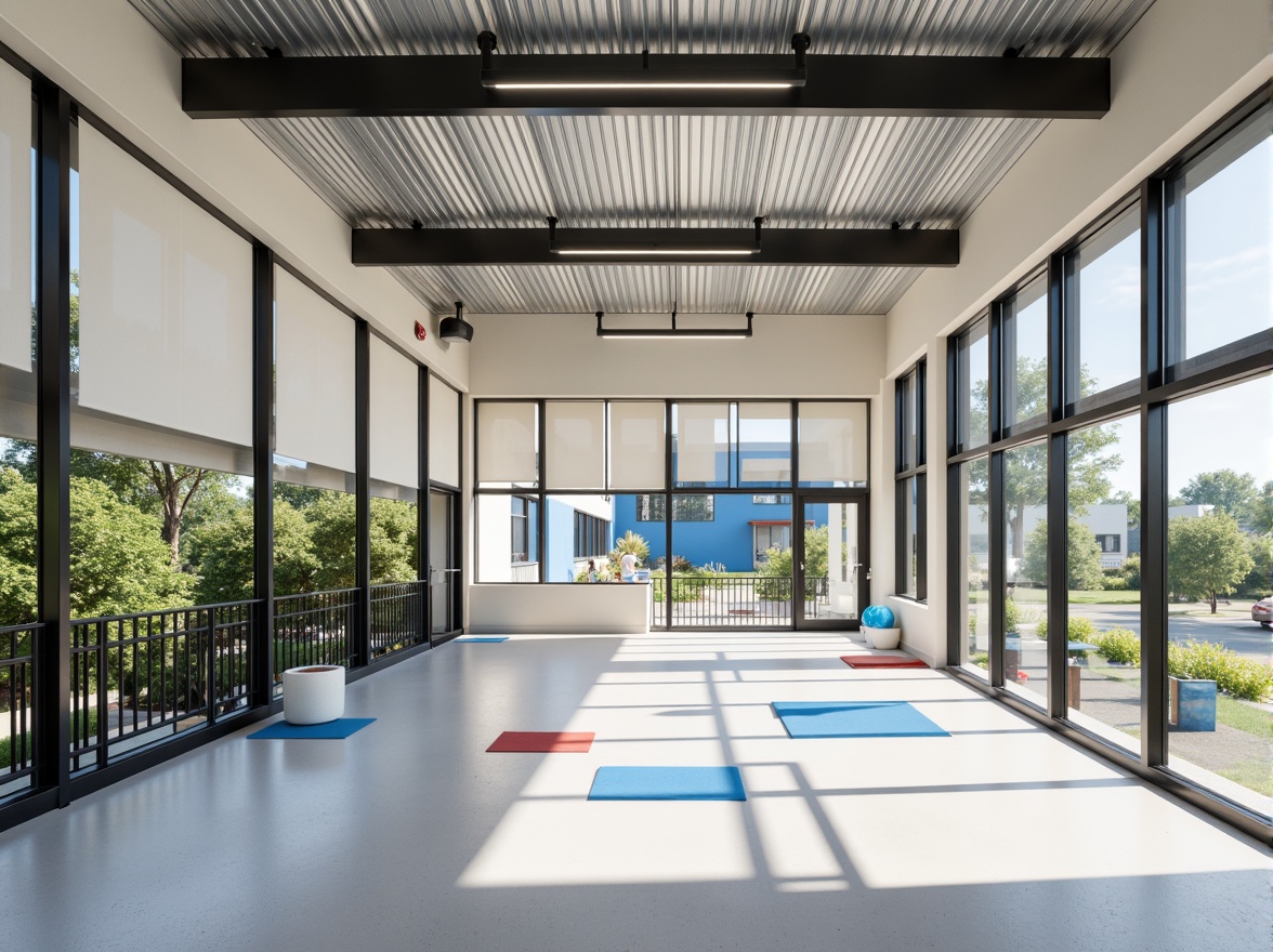 Prompt: Minimalist school building, large windows, metal frames, industrial-style lighting, functional window treatments, roller shades, geometric patterns, bold color accents, rectangular shapes, clean lines, modernist architecture, open floor plans, collaborative learning spaces, natural light, airy atmosphere, 1/1 composition, high-contrast lighting, realistic textures, ambient occlusion.