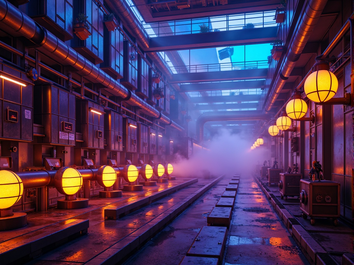 Prompt: Vibrant energy plant, neon-lit pipes, glowing orbs, metallic structures, industrial machinery, futuristic architecture, bold color blocking, high-contrast lighting, electric blue accents, fiery orange hues, radiant yellow highlights, deep purple shadows, abstract geometric patterns, 3D modeling, low-poly textures, atmospheric fog, dramatic camera angles, cinematic composition, dynamic simulations.