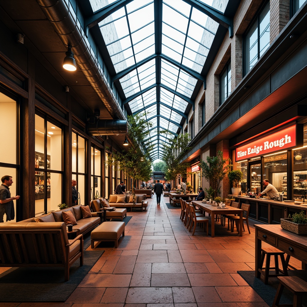 Prompt: Monochromatic modern market, sleek glass roofs, polished metal accents, industrial chic atmosphere, exposed ductwork, reclaimed wood textures, urban cityscape backdrop, vibrant neon signage, eclectic mix of vintage and contemporary furniture, rich terracotta flooring, warm golden lighting, shallow depth of field, 1/1 composition, realistic reflections, ambient occlusion.