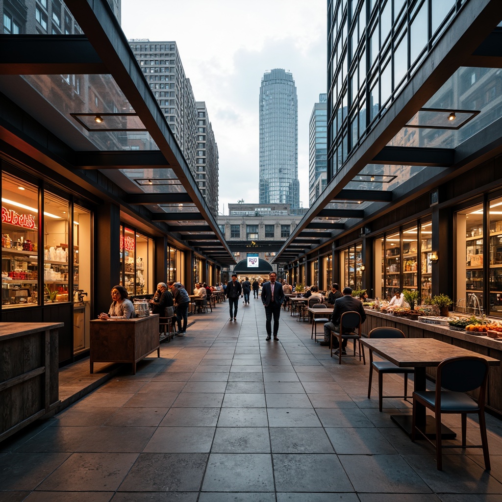 Prompt: Monochromatic modern market, sleek glass roofs, polished metal accents, industrial chic concrete floors, reclaimed wood textures, vibrant neon signage, eclectic mix of vintage and contemporary furniture, urban cityscape backdrop, overcast sky with soft warm lighting, shallow depth of field, 1/1 composition, realistic reflections, ambient occlusion.