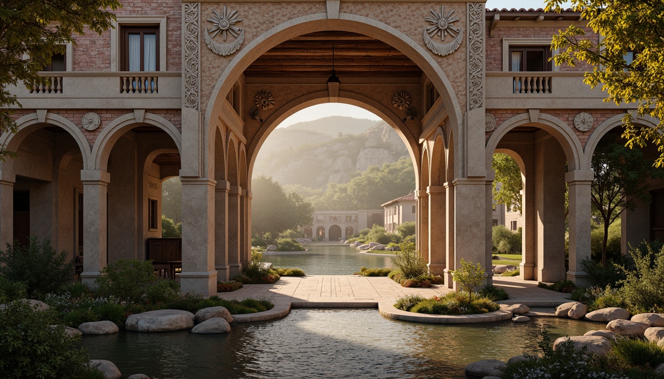 Prompt: Ancient Byzantine-inspired vehicular bridges, ornate arches, intricately carved stone ornaments, rustic brickwork, grandiose entranceways, majestic pillars, vaulted ceilings, warm golden lighting, soft misty atmosphere, serene riverbanks, lush greenery, meandering waterways, tranquil surroundings, 1/2 composition, symmetrical framing, warm color palette, realistic textures, ambient occlusion.