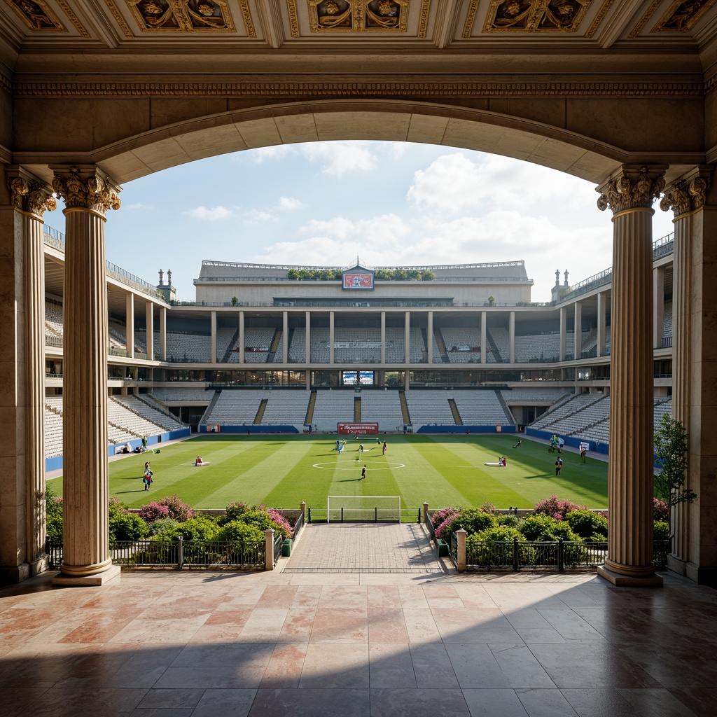 Prompt: Grandiose neoclassical stadium, symmetrical fa\u00e7ade, ornate columns, arches, domed roof, marble flooring, intricate moldings, golden accents, regal atmosphere, lush greenery, vibrant flowers, athletic tracks, football fields, soccer goals, Olympic torch, grandstands, tiered seating, VIP boxes, luxurious amenities, natural stone walls, classical sculptures, monumental entrance, dramatic lighting, low-angle shot, 1/2 composition, realistic textures, ambient occlusion.