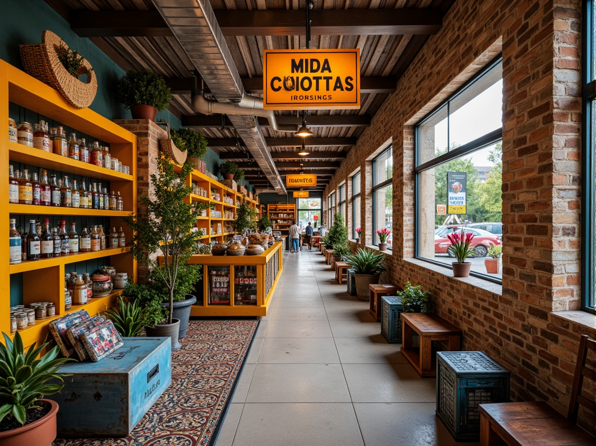 Prompt: Vibrant grocery store interior, eclectic style, bold color palette, bright yellow shelves, deep blue accents, warm orange signage, rich brown wooden crates, distressed metal racks, vintage-inspired advertisements, ornate decorative tiles, rustic stone walls, lively market atmosphere, soft natural lighting, shallow depth of field, 1/1 composition, realistic textures, ambient occlusion.