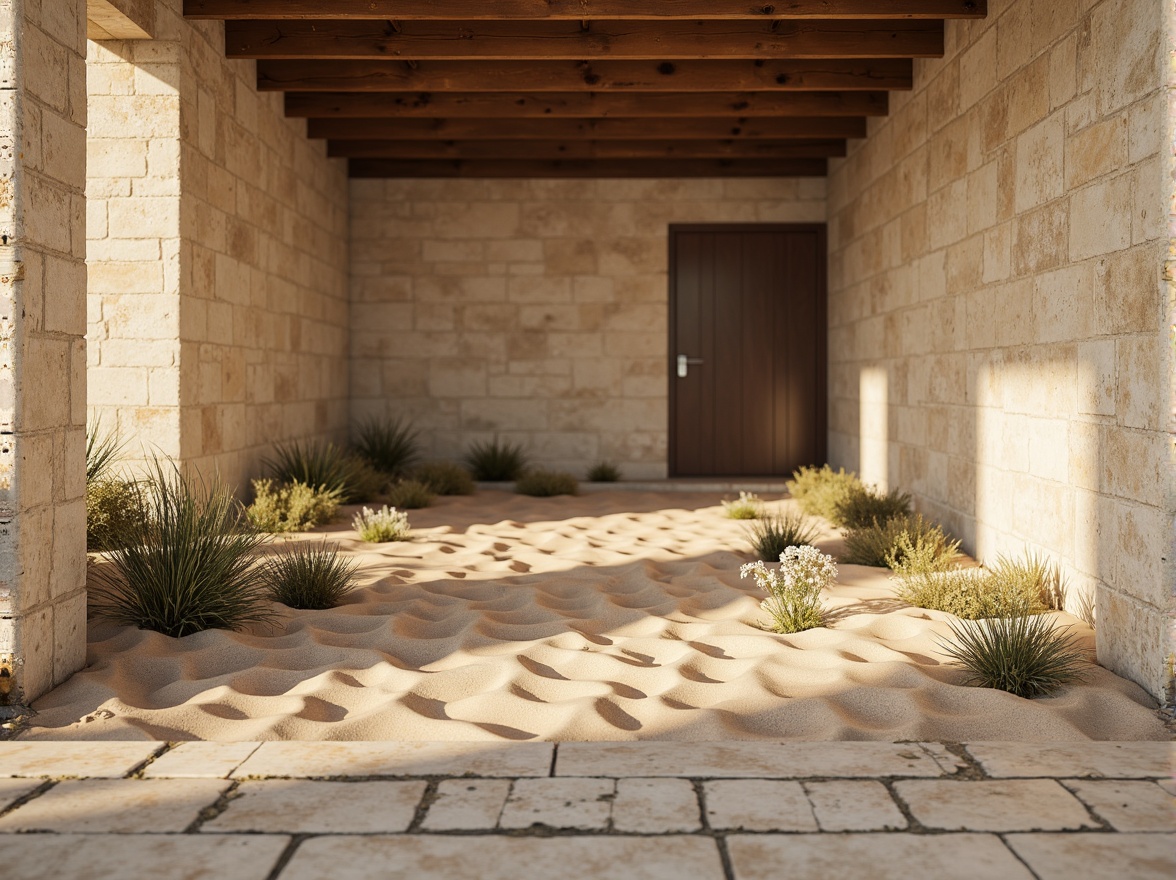 Prompt: Weathered sandy dunes, rough stone walls, rustic wooden planks, worn concrete floors, peeling paint textures, distressed metal surfaces, faded fabric patterns, natural earthy tones, warm beige colors, soft golden lighting, shallow depth of field, 1/1 composition, realistic normal maps, ambient occlusion.