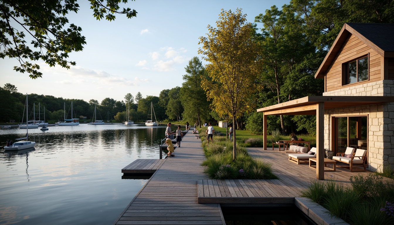 Prompt: Scenic lakefront, serene water reflections, lush greenery, wooden docks, sailboats, modern lakehouse architecture, large windows, sliding glass doors, natural stone walls, rustic wood accents, cozy outdoor seating areas, warm string lighting, shallow depth of field, 3/4 composition, panoramic view, realistic textures, ambient occlusion.