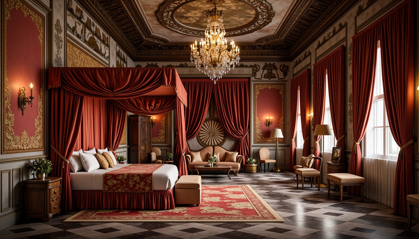 Prompt: Luxurious velvet drapes, intricately patterned silk fabrics, ornate golden embroidery, richly colored tapestries, opulent furnishings, carved wooden accents, grandiose chandeliers, lavish marble floors, frescoed ceilings, Baroque-inspired motifs, regal throne-like chairs, majestic four-poster beds, heavy brocade curtains, Renaissance-era architectural details, warm candlelight, soft focus, shallow depth of field, 1/2 composition, realistic textures, ambient occlusion.