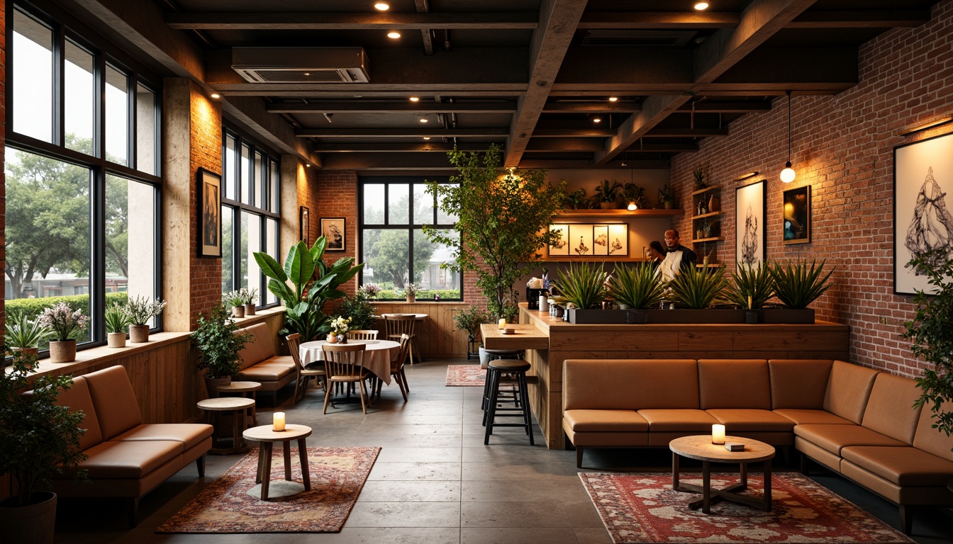 Prompt: Cozy coffee shop, warm earthy tones, rich wood accents, comfortable seating areas, rustic brick walls, industrial metal beams, vibrant greenery, natural stone floors, aromatic coffee scents, soft warm lighting, shallow depth of field, 3/4 composition, panoramic view, realistic textures, ambient occlusion.