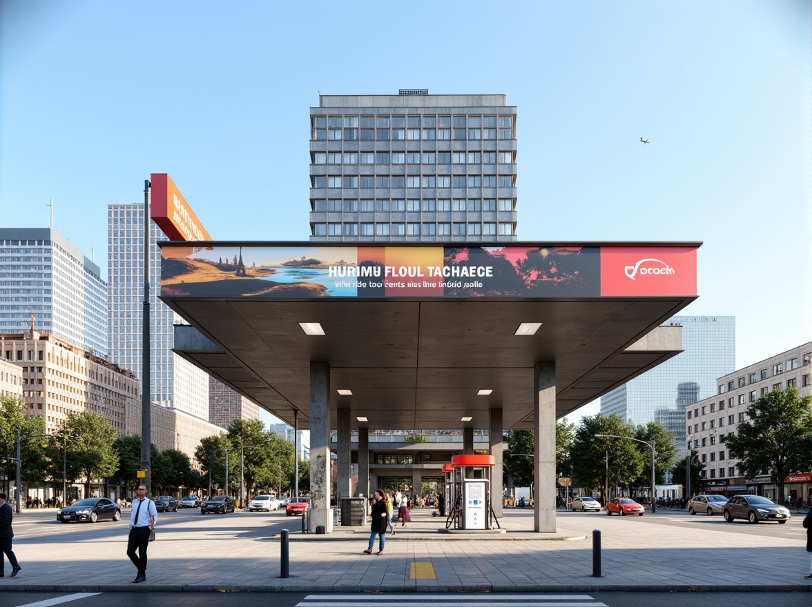 Prompt: Functional gas station, geometric shapes, industrial materials, steel beams, concrete pillars, minimalist aesthetic, bold typography, primary color scheme, functional lighting, urban landscape, busy streets, modern cityscape, angular lines, rectangular forms, cantilevered roofs, open floor plans, functional simplicity, rational design, innovative architecture, sunny day, high contrast shadows, dramatic lighting, 3/4 composition, symmetrical framing, realistic textures, ambient occlusion.