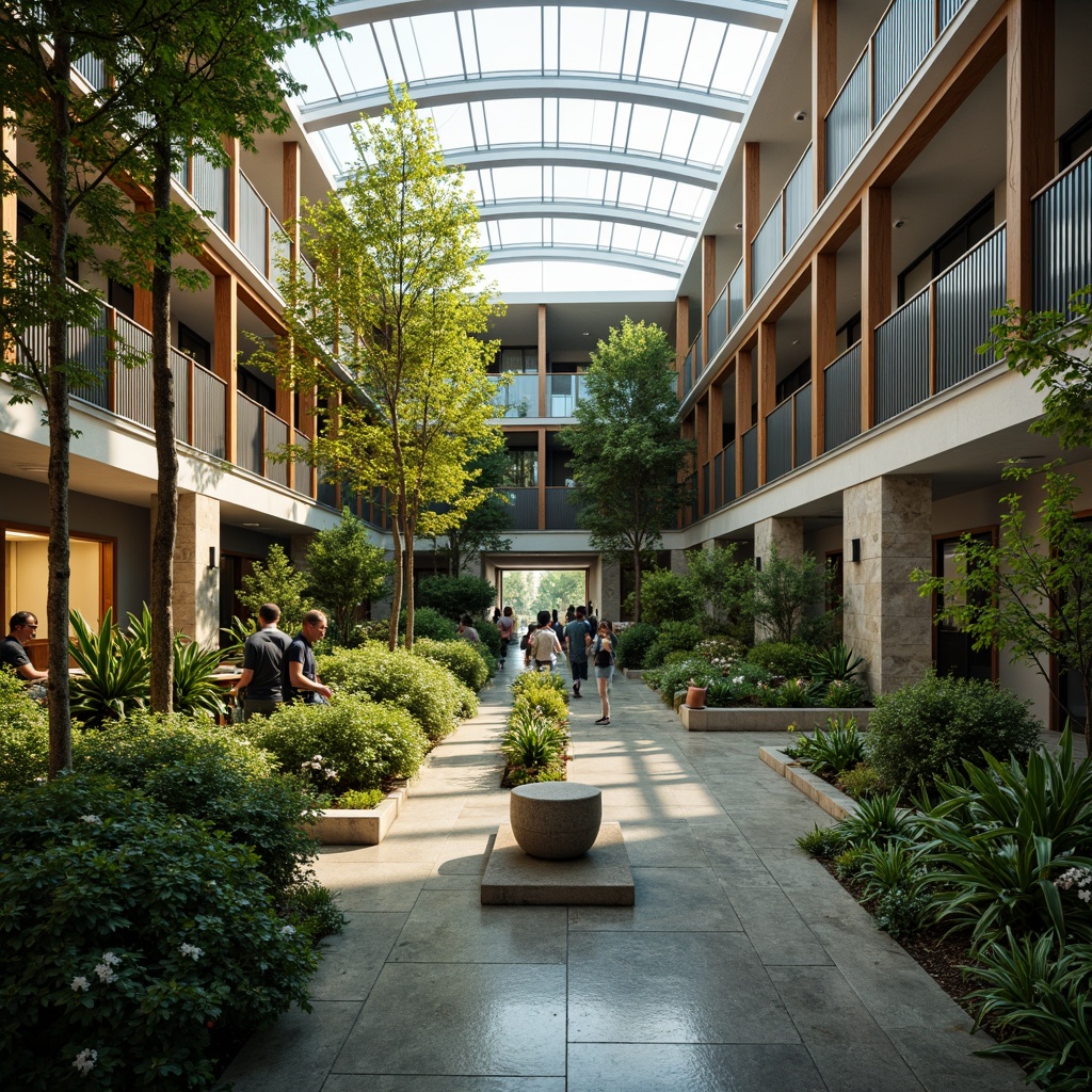 Prompt: Vibrant atrium, lush greenery, natural stone walls, wooden accents, floor-to-ceiling windows, clerestory windows, skylights, open floor plans, minimalist decor, reflective surfaces, bright color schemes, warm ambient lighting, soft shadows, 1/1 composition, shallow depth of field, panoramic view, realistic textures, ambient occlusion.