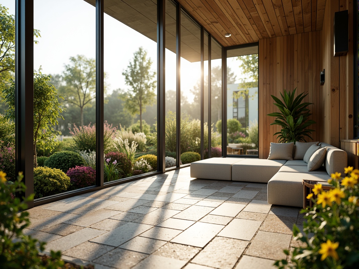 Prompt: Bright airy interior, floor-to-ceiling windows, sliding glass doors, natural stone flooring, wooden accents, lush greenery, vibrant flowers, modern minimalist decor, soft warm lighting, shallow depth of field, 3/4 composition, panoramic view, realistic textures, ambient occlusion.