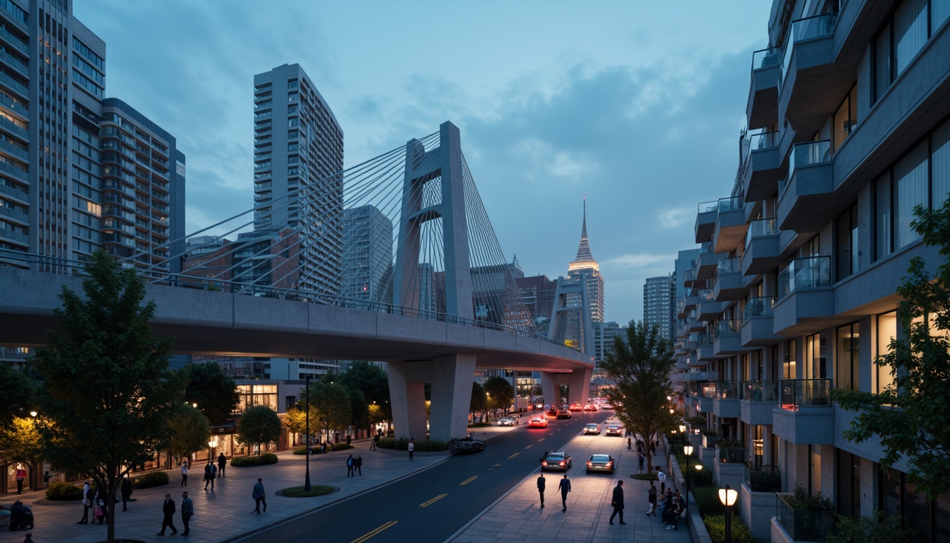 Prompt: Sleek pedestrian bridge, modernist architecture, minimalist design, clean lines, geometric shapes, steel beams, cable-stayed structure, suspension system, cantilevered sections, asymmetrical composition, urban landscape, city skyline, busy streets, vibrant streetlights, misty evening atmosphere, soft warm lighting, shallow depth of field, 1/2 composition, low-angle shot, realistic textures, ambient occlusion.