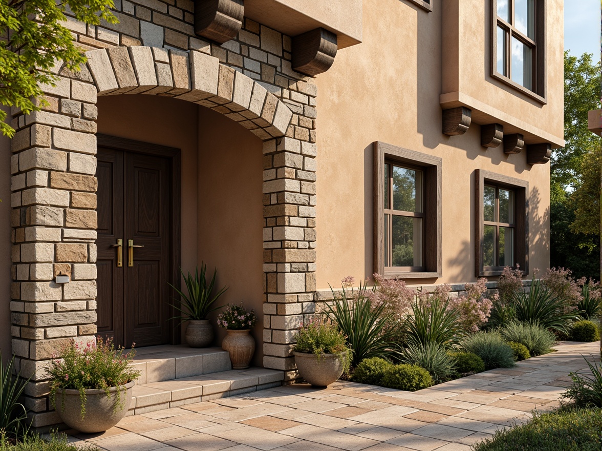 Prompt: Rustic exterior facade, weathered stone walls, earthy tone masonry, textured brick patterns, natural stone cladding, rough-hewn granite blocks, warm beige stucco, decorative arches, ornate columns, Mediterranean-inspired architecture, lush greenery, blooming flowers, sunny day, soft warm lighting, shallow depth of field, 3/4 composition, panoramic view, realistic textures, ambient occlusion.