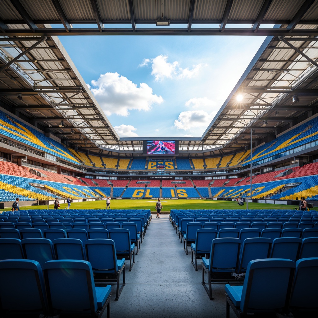 Prompt: Vibrant stadium atmosphere, electric blue seats, bright yellow accents, bold red stripes, dynamic LED lighting, modern angular architecture, sleek metal beams, polished concrete floors, energetic crowd scenes, sunny day with fluffy white clouds, shallow depth of field, 1/1 composition, realistic textures, ambient occlusion, dramatic shadows, warm golden hour lighting.