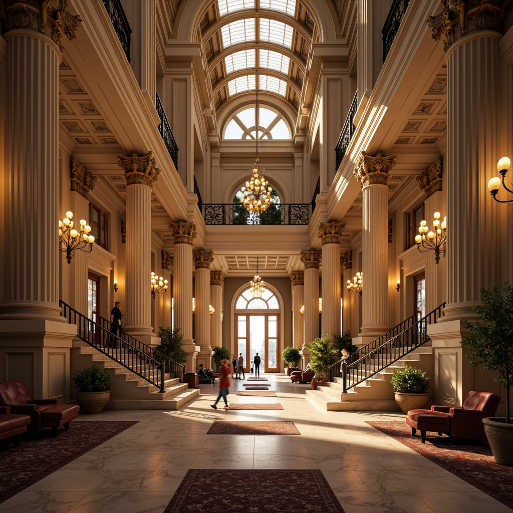 Prompt: Grandiose neoclassical building, ornate columns, intricately carved capitals, fluted shafts, Ionic volutes, Corinthian foliage, majestic arches, symmetrical facade, rusticated base, polished marble floors, stately staircases, opulent chandeliers, lavish furnishings, richly patterned rugs, warm golden lighting, shallow depth of field, 2/3 composition, realistic textures, ambient occlusion.