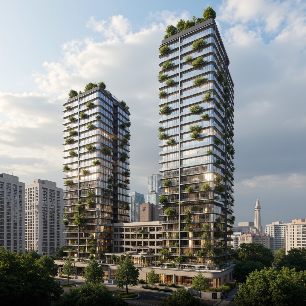 Prompt: Eco-friendly skyscraper, green roofs, solar panels, wind turbines, rainwater harvesting systems, grey water reuse, high-performance glazing, natural ventilation, double-glazed windows, low-E glass, LED lighting, occupancy sensors, energy-efficient elevators, recyclable materials, minimized waste, maximized daylight, optimized floor plates, cantilevered structures, aerodynamic shapes, urban wind farms, vertical gardens, living walls, bio-inspired facades, futuristic architecture, sleek metallic surfaces, angular lines, minimalist design, panoramic city views, dramatic cloud formations, soft warm lighting, shallow depth of field, 3/4 composition.