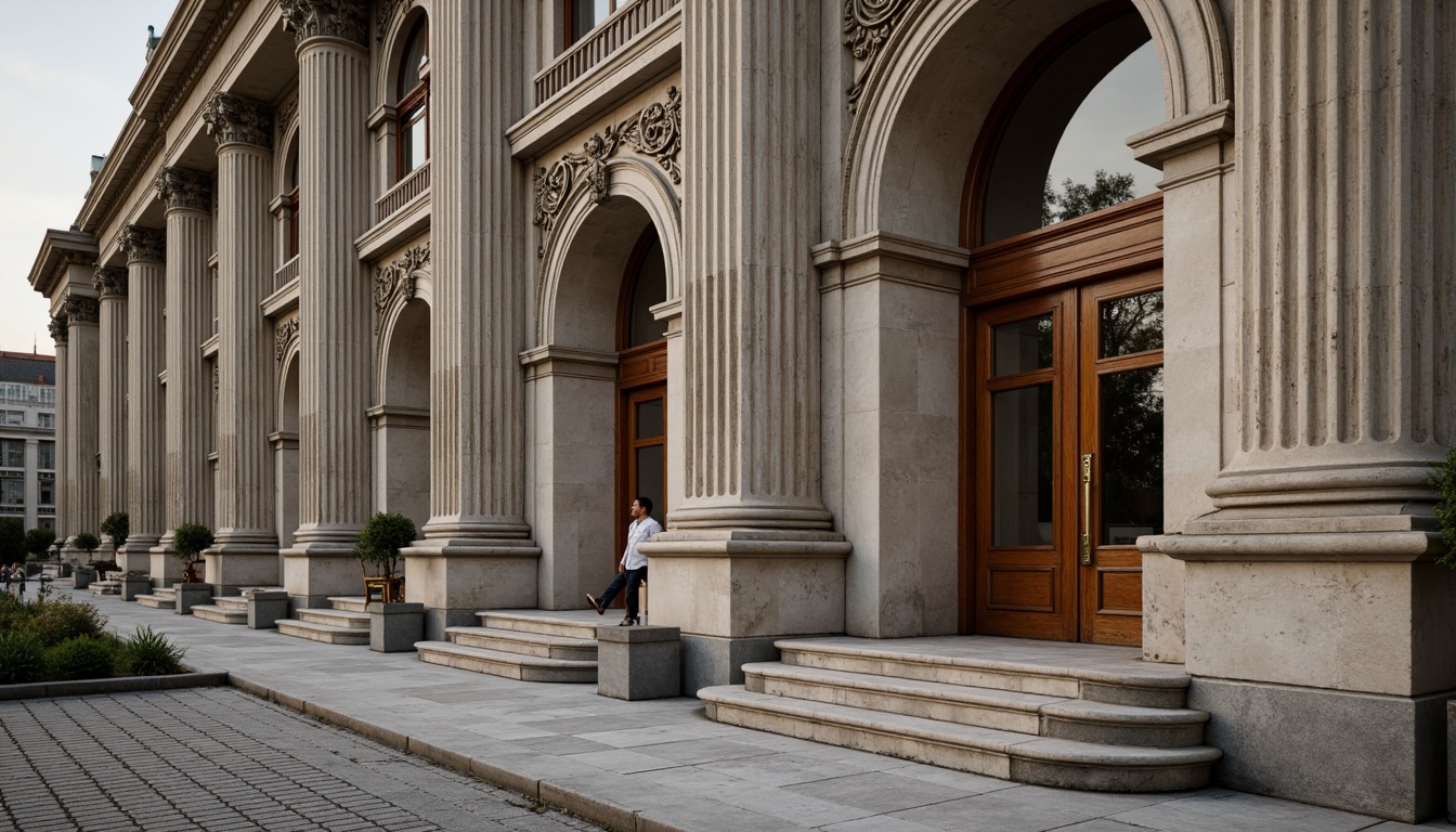 Prompt: Grand neoclassical building, ornate columns, intricately carved capitals, fluted shafts, ornamental pedestals, polished marble bases, symmetrical facade, rusticated quoins, arched windows, decorative cornices, classical pilasters, ornate friezes, sculpted metopes, triglyphs, acroteria, subtle warm lighting, shallow depth of field, 1/1 composition, realistic textures, ambient occlusion.