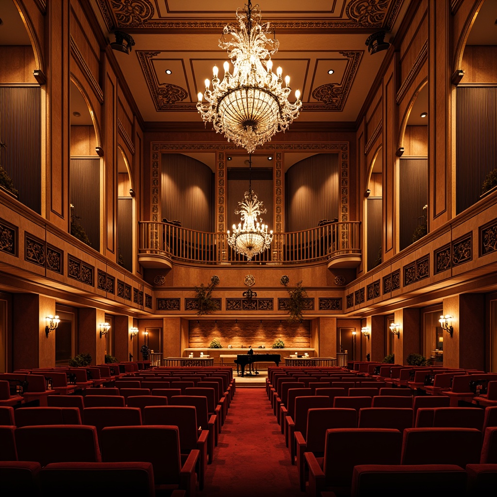 Prompt: Luxurious concert hall, ornate chandeliers, rich wood paneling, plush velvet seats, grand piano, soundproofing materials, acoustic panels, diffusers, absorbers, resonators, tiered seating, balconies, mezzanine levels, high ceilings, intricate moldings, crystal clear sound, warm ambiance, soft warm lighting, shallow depth of field, 3/4 composition, panoramic view, realistic textures, ambient occlusion.