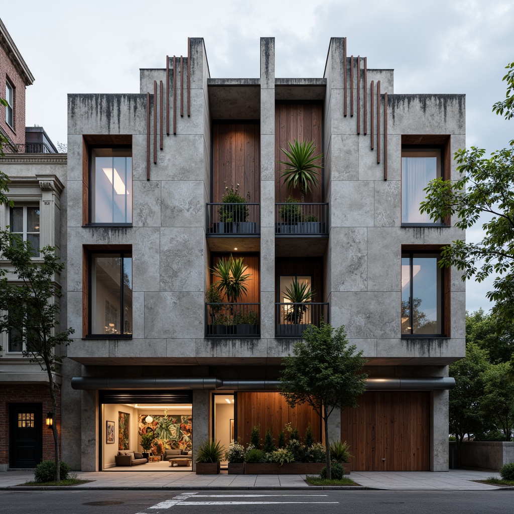 Prompt: Rustic constructivist building, exposed concrete walls, rough stone textures, metallic accents, industrial pipes, reclaimed wood planks, distressed finishes, brutalist fa\u00e7ade, geometric patterns, abstract murals, urban cityscape, overcast sky, dramatic shadows, high-contrast lighting, 1/1 composition, symmetrical framing, realistic renderings, ambient occlusion.