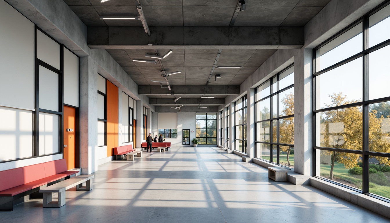 Prompt: Minimalist school building, large windows, metal frames, industrial-style lighting, functional window treatments, roller shades, geometric patterns, bold color accents, rectangular shapes, clean lines, modernist architecture, open floor plans, collaborative learning spaces, natural light, airy atmosphere, 1/1 composition, high-contrast lighting, realistic textures, ambient occlusion.