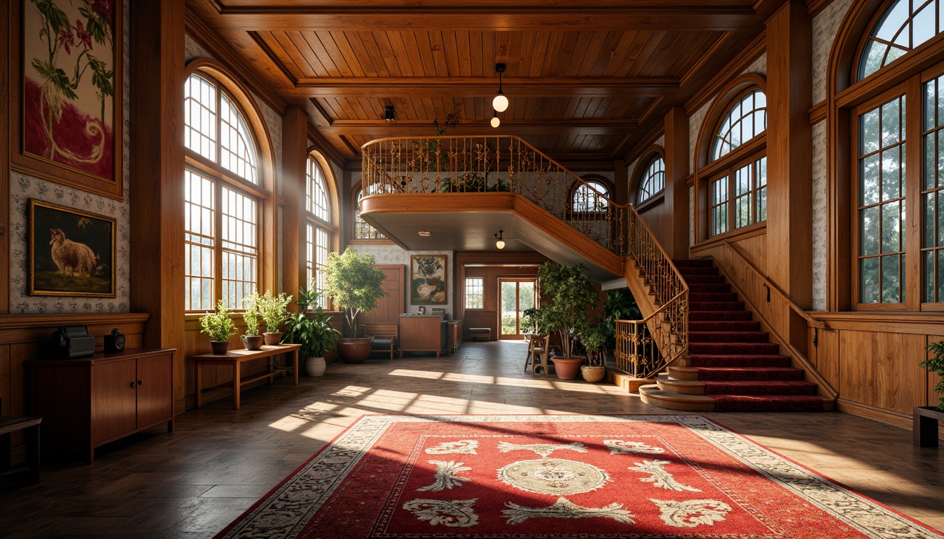 Prompt: Elegant Art Nouveau school interior, ornate wooden paneling, sinuous lines, flowing curves, stained glass windows, vibrant colorful tiles, intricate metalwork, grand staircases, sweeping archways, luxurious velvet fabrics, richly patterned rugs, warm golden lighting, soft focus, shallow depth of field, 1/1 composition, realistic textures, ambient occlusion.