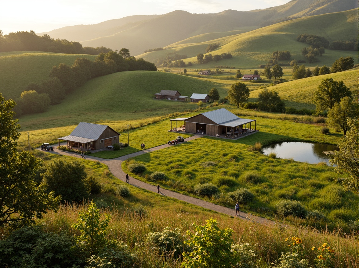 Prompt: Rustic farmland scenery, rolling hills, verdant pastures, scattered farmhouses, wooden fences, winding dirt roads, vintage tractors, lush green crops, sunflowers, wildflowers, rustic barns, weathered stone walls, natural ponds, serene rural atmosphere, warm golden lighting, shallow depth of field, 1/2 composition, panoramic view, realistic textures, ambient occlusion.