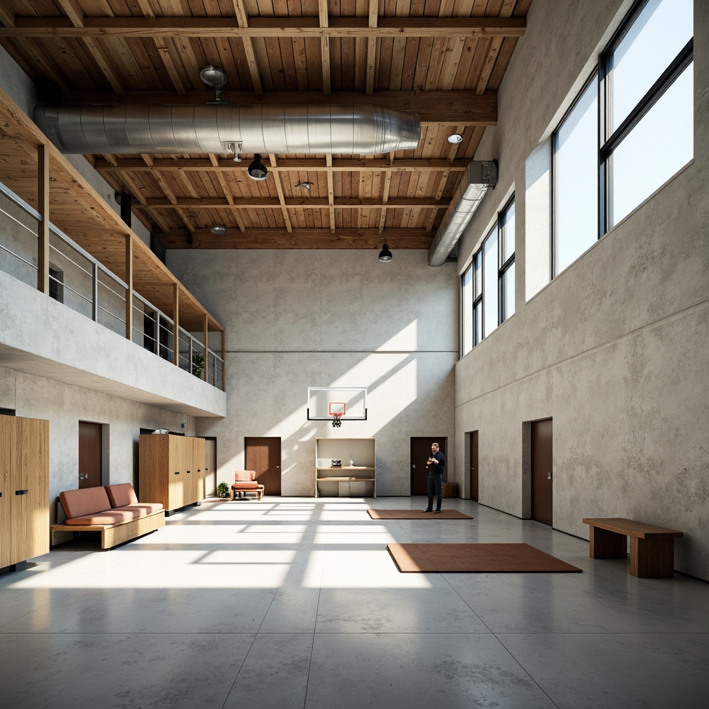 Prompt: Minimalist gymnasium interior, open spaces, natural light, industrial materials, exposed ductwork, polished concrete floors, steel beams, geometric shapes, functional furniture, athletic equipment, basketball hoops, sports mats, wooden accents, modernist architecture, clean lines, rectangular forms, abundant daylight, soft shadows, 1/1 composition, realistic textures, ambient occlusion.