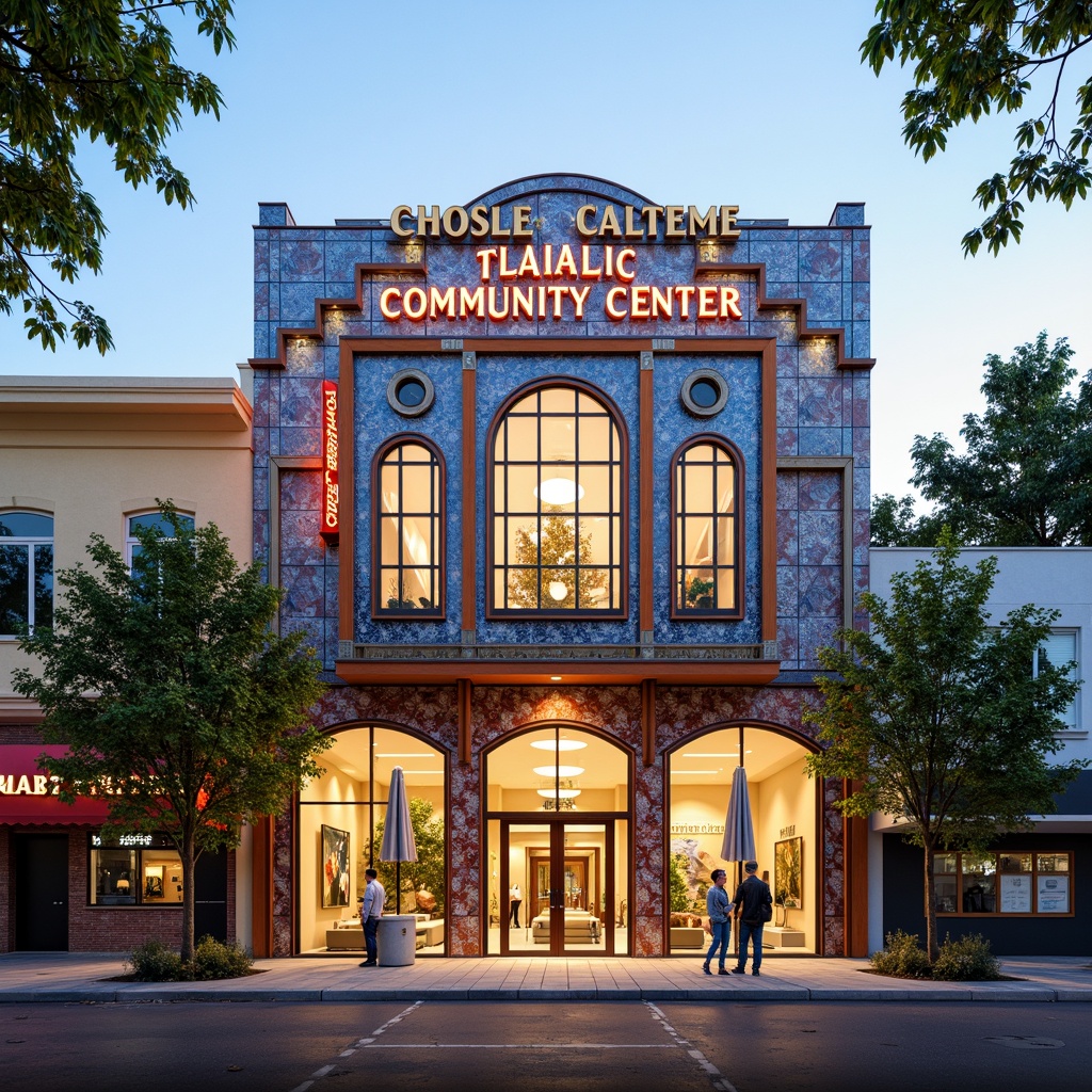 Prompt: Vibrant community center, Art Deco inspired facade, ornate metalwork, geometric patterns, bold typography, bright color scheme, glazed ceramic tiles, intricate mosaics, grand entrance, sweeping archways, ornamental columns, luxurious materials, ambient lighting, shallow depth of field, 1/1 composition, realistic textures, soft warm glow, sunny day, urban landscape, bustling streets, eclectic neighborhood.