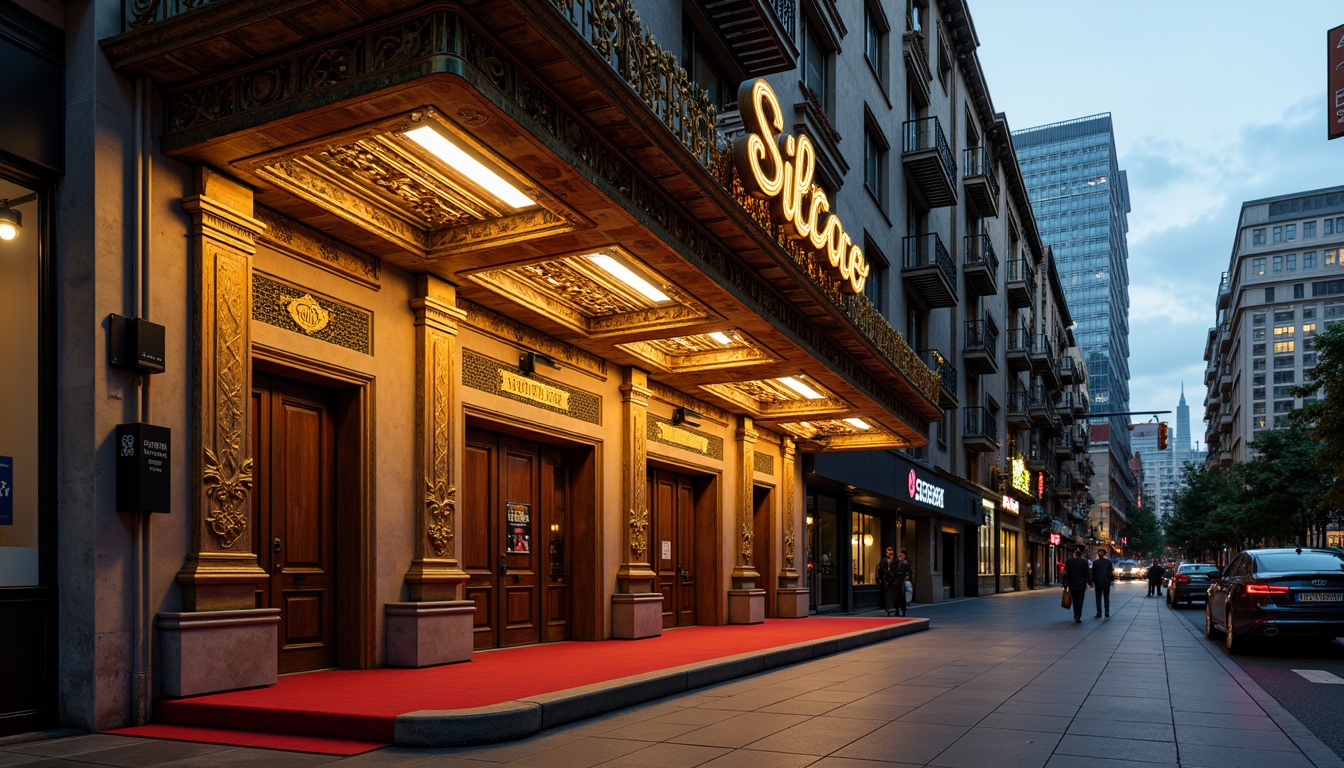 Prompt: Ornate cinema facade, vintage signage, decorative cornices, grand entranceways, red carpeting, golden accents, intricate moldings, ornamental columns, cinematic lighting, warm color palette, nostalgic atmosphere, urban cityscape, bustling streets, evening ambiance, soft focus, shallow depth of field, 1/2 composition, cinematic framing, realistic textures, ambient occlusion.