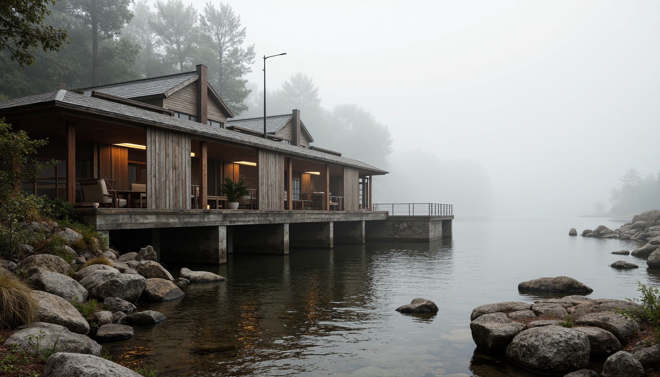 Prompt: Rustic boathouse, brutalist architecture, weathered wood accents, industrial metal beams, expansive waterfront views, natural stone foundations, rugged shorelines, misty morning atmosphere, soft warm lighting, shallow depth of field, 3/4 composition, panoramic view, realistic textures, ambient occlusion, adaptive responsive design, mobile-friendly interface, flexible grid systems, scalable typography, fluid animations, interactive elements, immersive user experience.