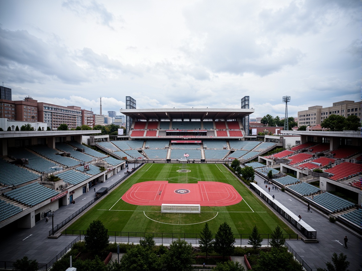 Prompt: Functional stadium layout, asymmetrical fa\u00e7ade, rectangular shapes, industrial materials, exposed ductwork, minimalist aesthetics, open circulation spaces, cantilevered roofs, geometric patterns, bold color schemes, athletic track, football field, spectator seating, modernist architecture, urban landscape, cloudy sky, dramatic lighting, high contrast, 1/2 composition, wide-angle lens, realistic textures, ambient occlusion.