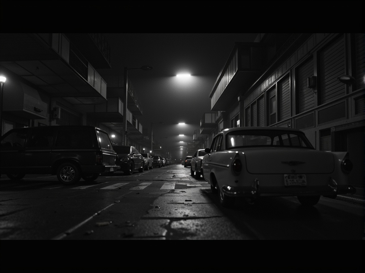 Prompt: 1 aspect ratio, anamorphic lenses, film noir inspirations, neo-noir influences.