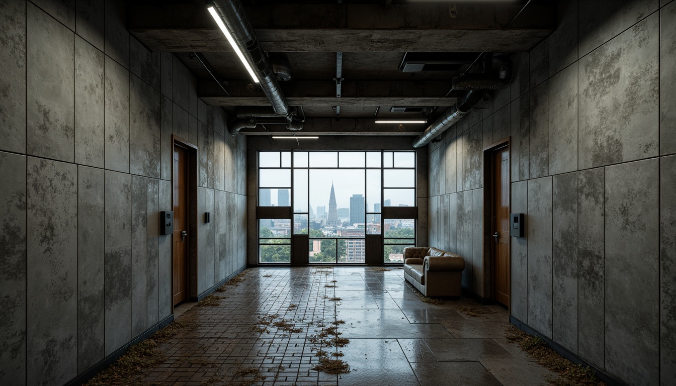 Prompt: Rough-hewn concrete walls, exposed ductwork, industrial metal beams, brutalist architecture, cinematic lighting, dramatic shadows, high-contrast textures, rugged stone floors, distressed wood accents, urban cityscape, overcast skies, moody atmospheric effects, low-angle camera shots, symmetrical composition, bold color grading, gritty realistic rendering, detailed 3D modeling, ambient occlusion, cinematic depth of field.