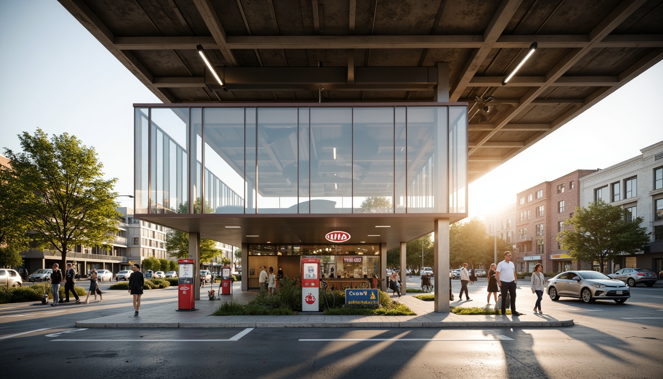 Prompt: Modernist gas station, sleek glass panels, minimalist design, angular lines, industrial chic aesthetic, functional architecture, urban landscape, busy city streets, morning sunlight, soft warm lighting, shallow depth of field, 3/4 composition, panoramic view, realistic textures, ambient occlusion, geometric shapes, metallic accents, bold typography, vintage gas pumps, retro-style signage, concrete flooring, steel beams, open ceiling, natural ventilation, functional simplicity.