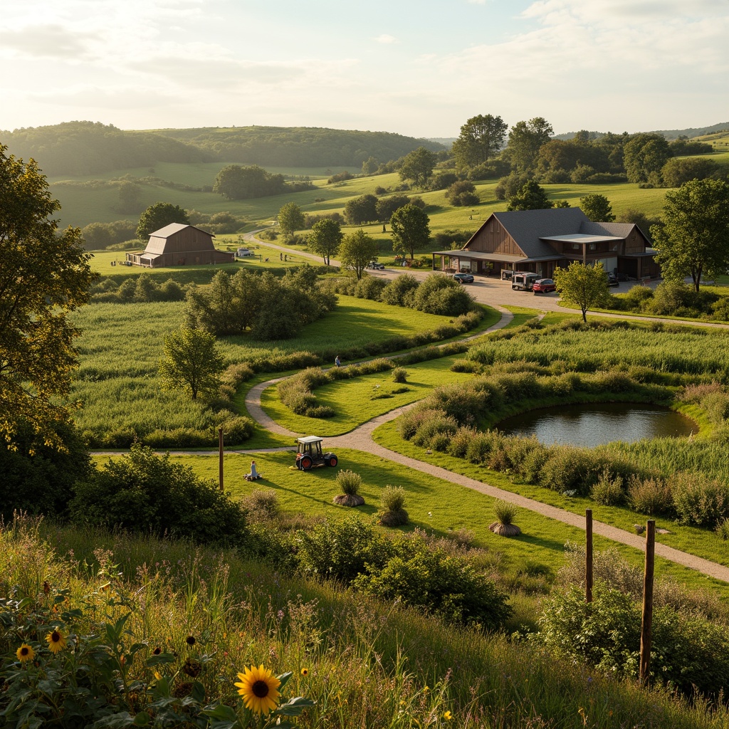 Prompt: Rustic farmland scenery, rolling hills, verdant pastures, scattered farmhouses, wooden fences, winding dirt roads, vintage tractors, lush green crops, sunflowers, wildflowers, rustic barns, weathered stone walls, natural ponds, serene rural atmosphere, warm golden lighting, shallow depth of field, 1/2 composition, panoramic view, realistic textures, ambient occlusion.