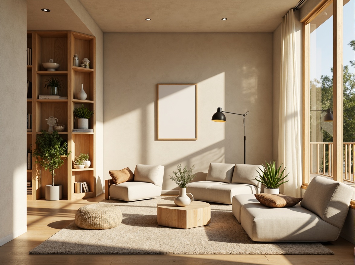 Prompt: Muted earthy tones, soft pastel hues, calming beige walls, natural wood accents, plush greenery, creamy whites, warm golden lighting, cozy reading nooks, comfortable seating areas, minimalist decor, subtle texture contrasts, organic shapes, serene atmosphere, shallow depth of field, 1/1 composition, realistic renderings, ambient occlusion.