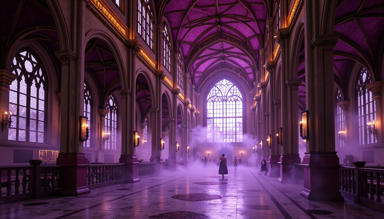 Prompt: Rich amethyst hues, luxurious velvet textures, ornate Gothic arches, grandiose cathedral ceilings, mystical purple mist, lavish jewel-toned accents, regal crown molding, opulent marble floors, intricate stone carvings, majestic stained glass windows, warm golden lighting, dramatic shadows, 1/2 composition, low-angle shot, cinematic atmosphere, realistic reflections.