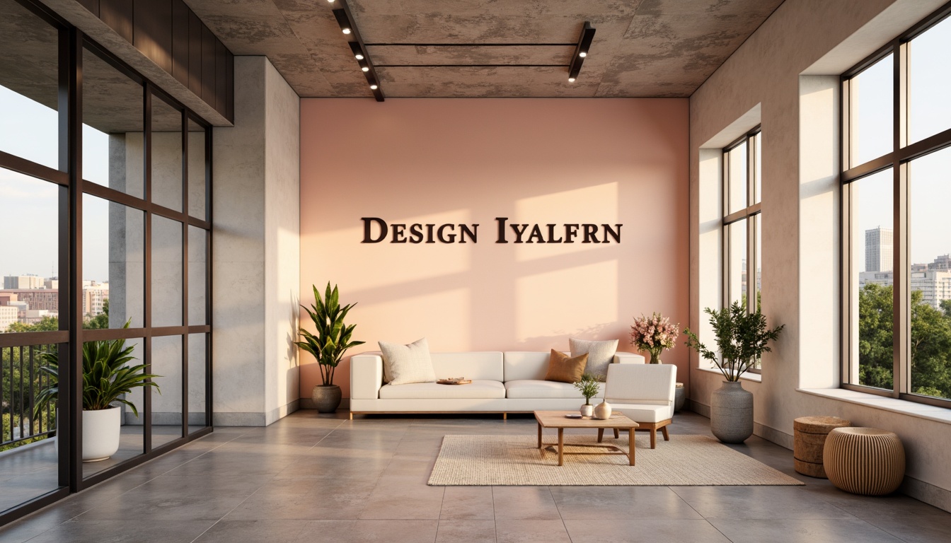 Prompt: Vibrant design studio, modern minimalist aesthetic, bold typography, pastel color scheme, soft peach tones, creamy whites, rich charcoal accents, natural wood textures, industrial metal elements, urban cityscape background, warm golden lighting, shallow depth of field, 1/1 composition, realistic renderings, ambient occlusion.