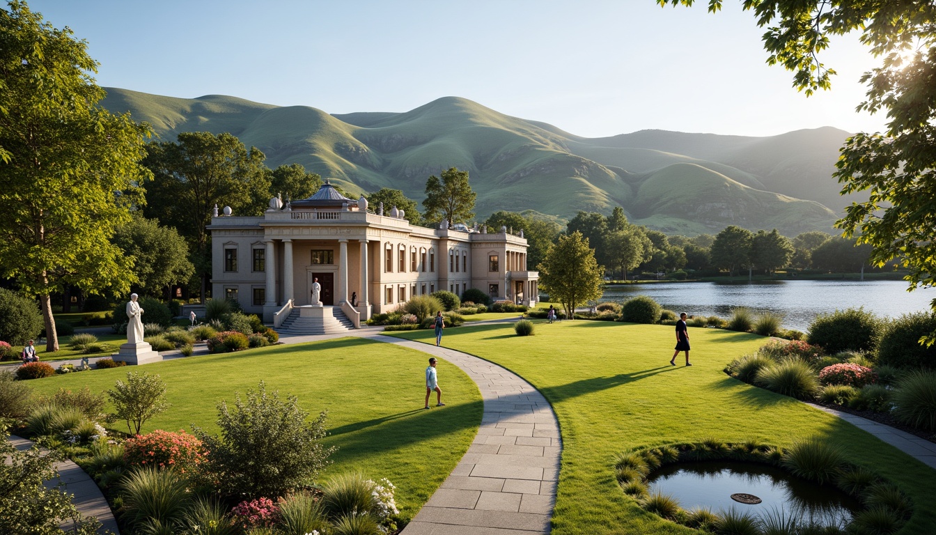 Prompt: Grand neoclassical mansion, symmetrical facade, ornate columns, carved stone details, lush greenery, rolling hills, serene lake, walking paths, benches, classical statues, vibrant flowers, blooming trees, sunny day, soft warm lighting, shallow depth of field, 3/4 composition, panoramic view, realistic textures, ambient occlusion, harmonious integration with nature, elegant landscaping, manicured lawns, decorative fountains, ornate iron gates.