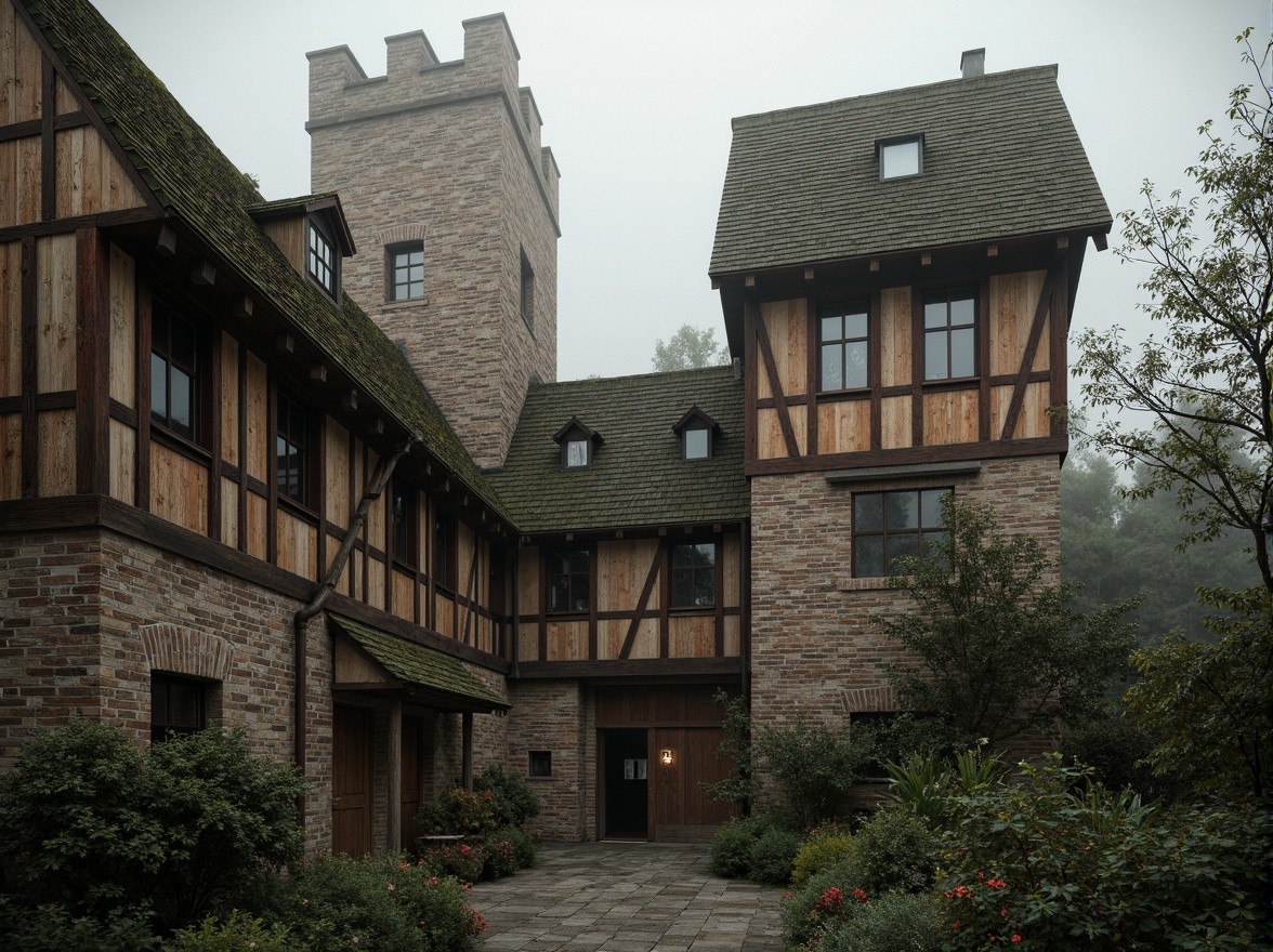 Prompt: Weathered stone walls, rusty metal accents, wooden beam structures, worn brick textures, moss-covered roofs, ivy-clad facades, ancient tree surroundings, misty morning atmosphere, soft warm lighting, shallow depth of field, 3/4 composition, panoramic view, realistic textures, ambient occlusion, medieval-inspired architecture, fortified towers, grandeur scale, mysterious ambiance, eerie silence.