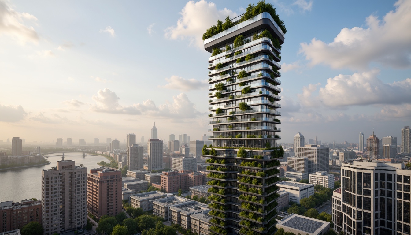 Prompt: Eco-friendly skyscraper, green roofs, solar panels, wind turbines, rainwater harvesting systems, grey water reuse, high-performance glazing, natural ventilation, double-glazed windows, low-E glass, LED lighting, occupancy sensors, energy-efficient elevators, recyclable materials, minimized waste, maximized daylight, optimized floor plates, cantilevered structures, aerodynamic shapes, urban wind farms, vertical gardens, living walls, bio-inspired facades, futuristic architecture, sleek metallic surfaces, angular lines, minimalist design, panoramic city views, dramatic cloud formations, soft warm lighting, shallow depth of field, 3/4 composition.