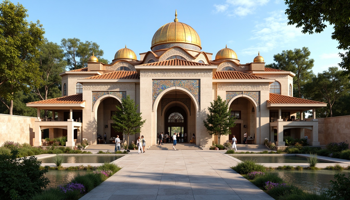 Prompt: Ornate Byzantine-style visitor center, golden domes, intricate stone carvings, ornamental arches, vibrant mosaics, grand entrance gates, rustic stone walls, terracotta roof tiles, lush greenery, blooming flowers, tranquil water features, warm sunny day, soft natural lighting, shallow depth of field, 1/1 composition, realistic textures, ambient occlusion.