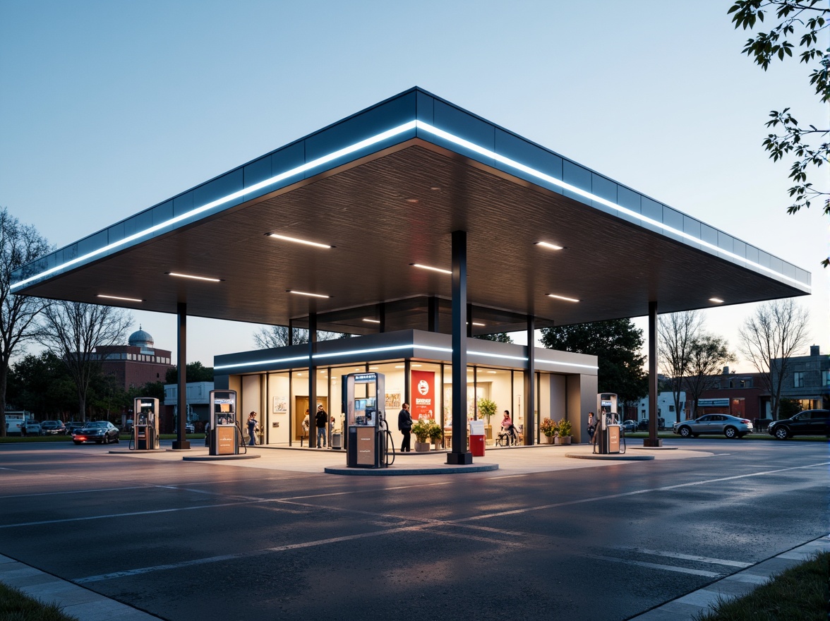 Prompt: Modern gas station, sleek metal canopy, LED lighting, futuristic fuel pumps, angular lines, minimalist design, spacious forecourt, asphalt pavement, urban landscape, busy street scene, morning sunlight, soft warm glow, shallow depth of field, 3/4 composition, panoramic view, realistic textures, ambient occlusion, convenient store entrance, large windows, glass doors, vibrant advertising signs, efficient customer flow, easy parking access, wheelchair accessibility, safety cameras, nighttime security lighting.