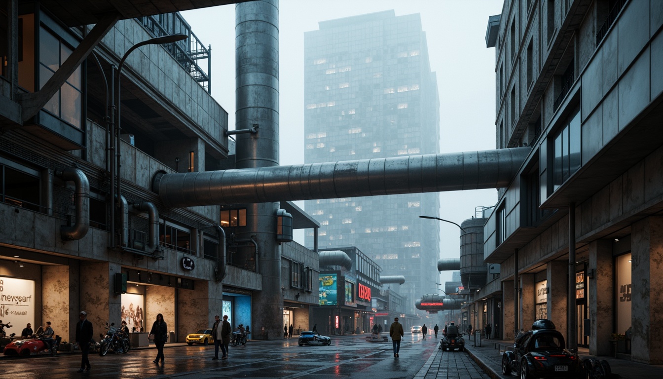 Prompt: Futuristic cityscape, industrial pipes, metallic structures, neon lights, cyberpunk atmosphere, abandoned factories, rusty machinery, distressed concrete walls, urban decay, sci-fi inspired architecture, sleek skyscrapers, holographic advertisements, levitating transportation pods, robotic pedestrians, atmospheric fog, moody lighting, high contrast, 1/1 composition, cinematic view, realistic metallic textures, advanced special effects.