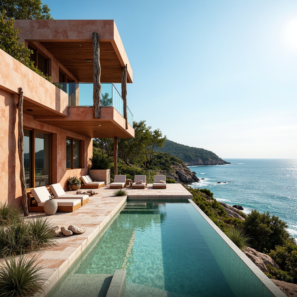 Prompt: Seaside villa, oceanfront views, driftwood accents, nautical ropes, sailboat-inspired design, coral-colored stucco, wave-patterned tiles, salty air, sea spray mist, beachy vibe, natural textures, weathered wood, glass railings, cantilevered decks, infinity pool, turquoise water, sunny day, soft warm lighting, shallow depth of field, 3/4 composition, panoramic view, realistic ocean sounds, ambient occlusion.