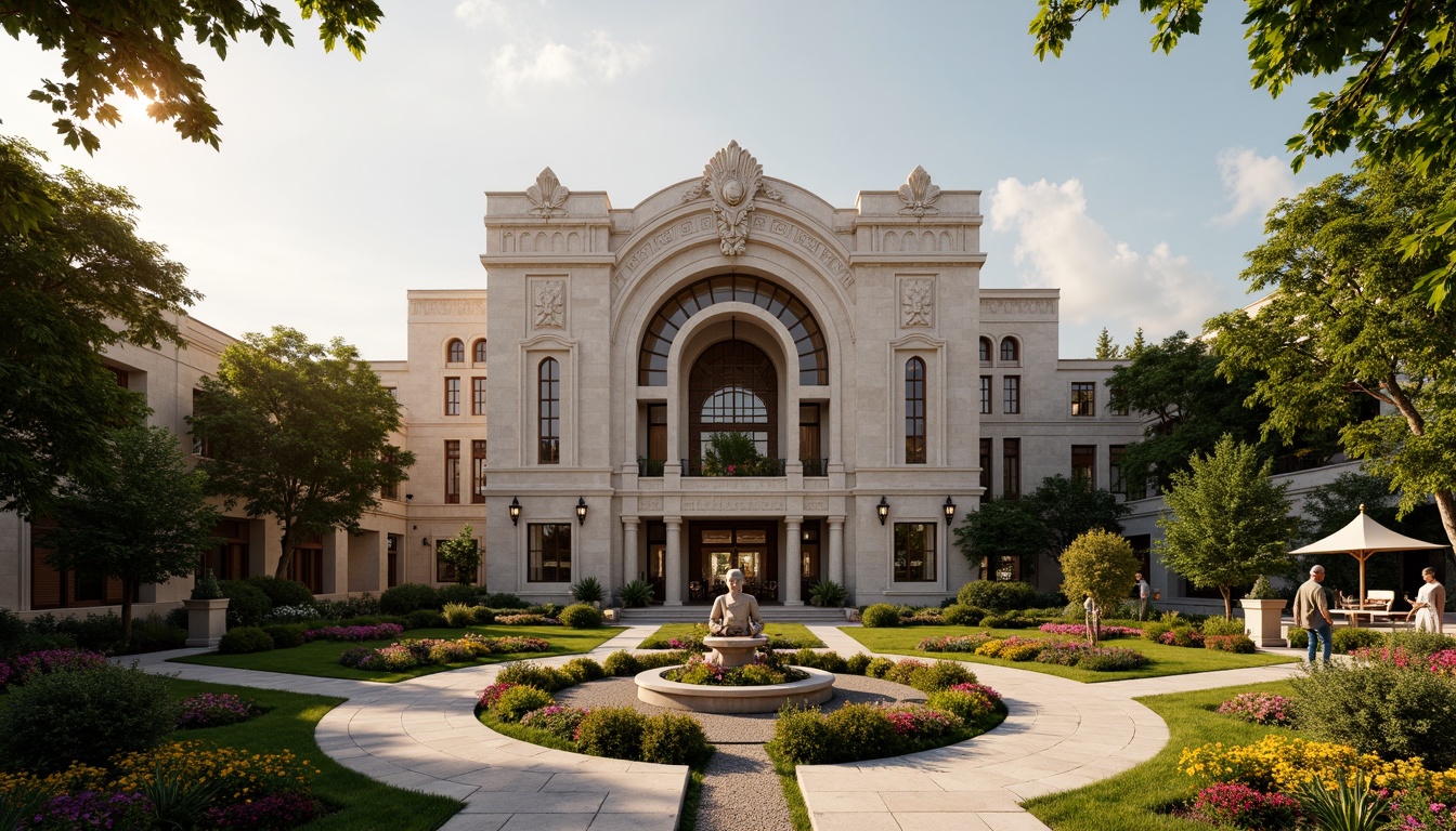 Prompt: Grand Renaissance-style theater building, ornate stone fa\u00e7ade, intricately carved details, majestic entrance archways, symmetrical gardens, manicured lawns, vibrant flower beds, sculpted fountains, meandering walkways, ornamental lamp posts, classical statues, lush greenery, blooming flowers, warm golden lighting, soft focus, shallow depth of field, 1/2 composition, realistic textures, ambient occlusion.