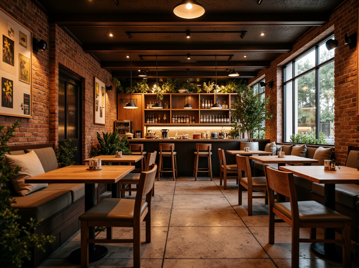 Prompt: Cozy coffee shop, warm wooden accents, rich brown tones, comfortable seating areas, rustic brick walls, industrial metal beams, reclaimed wood tables, soft cushioned chairs, natural stone flooring, earthy color palette, warm lighting ambiance, shallow depth of field, 3/4 composition, realistic textures, ambient occlusion.