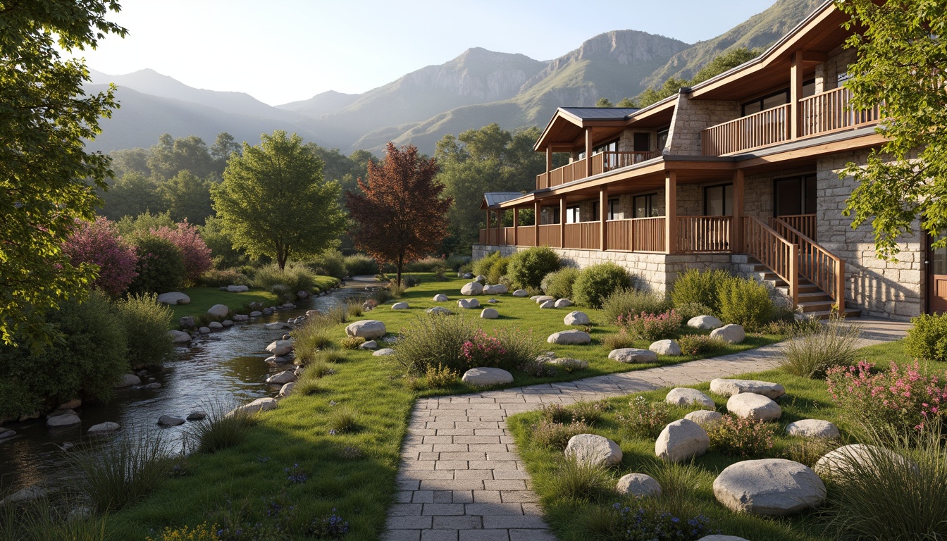 Prompt: Rustic regionalist venue, earthy tones, natural stone walls, wooden accents, lush greenery, blooming wildflowers, meandering streams, rolling hills, misty mountains, warm sunny day, soft diffused lighting, shallow depth of field, 1/2 composition, panoramic view, realistic textures, ambient occlusion, harmonious integration with surroundings, blending architecture with nature, organic forms, curvilinear lines, earth-sheltered design, eco-friendly materials, sustainable building practices.