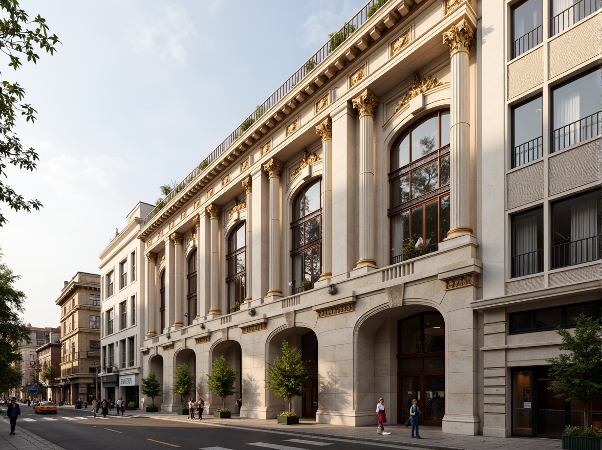 Prompt: Grandiose neoclassical building, ornate facade details, Corinthian columns, symmetrical composition, elegant arches, intricate carvings, ornamental moldings, luxurious marble materials, subtle cream colors, soft golden lighting, shallow depth of field, 1/1 composition, realistic textures, ambient occlusion, urban cityscape, busy streets, historic landmarks, vibrant cultural atmosphere.